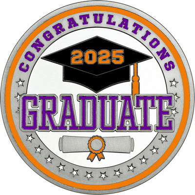 Purple "Congratulations Graduate" with Orange 2025, Rim, Tassel & Ribbon